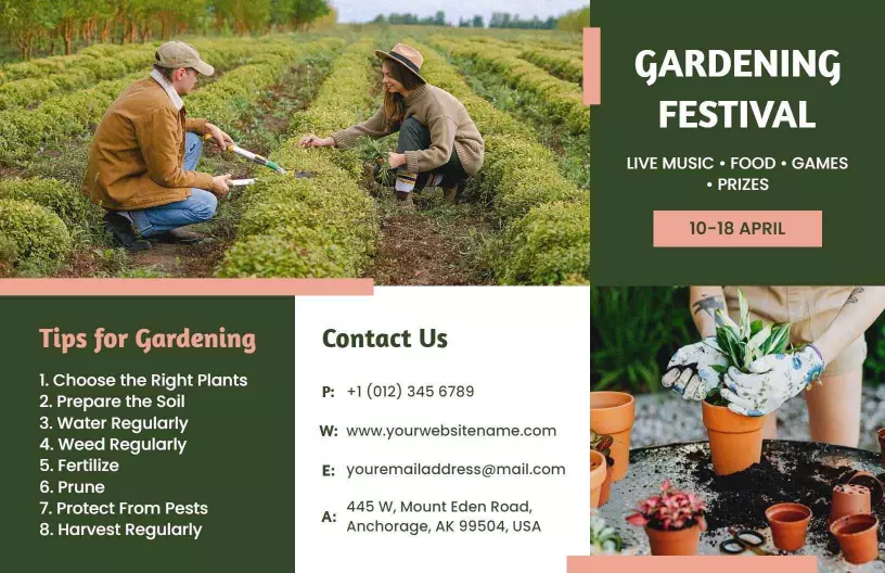 Gardening Festival Live Music and Tips Brochure Template