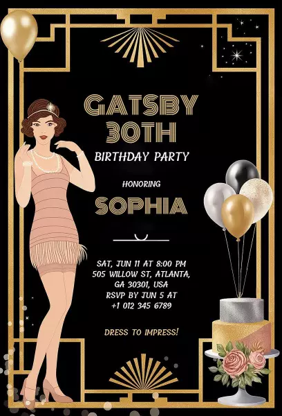 Gatsby Glamour 30th Birthday Celebration Invitation Template