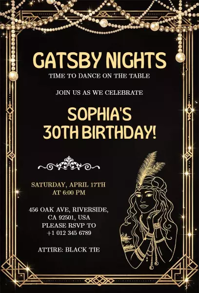 Gatsby Nights 30th Golden Birthday Celebration Invitation Template