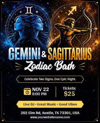 Gemini and Sagittarius Zodiac Bash Event Flyer Template