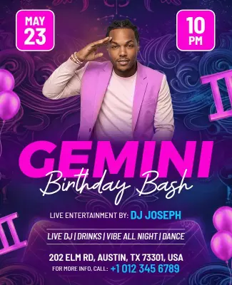 Gemini Birthday Party Bash Flyer Template
