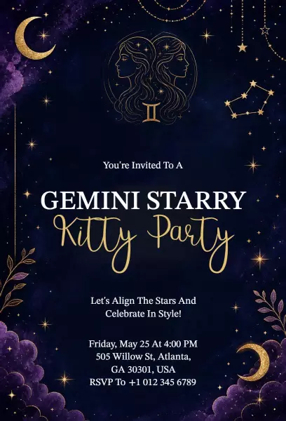 Gemini Starry Night Themed Kitty Party Invitation Template