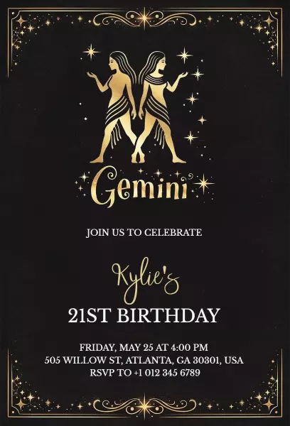 Gemini Zodiac Theme 21st Birthday Celebration Invitation Template