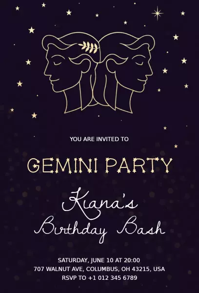 Gemini Zodiac Theme Birthday Celebration Party Invitation Template