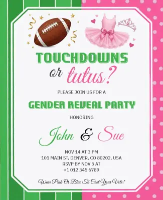 Gender Reveal Party Touchdowns or Tutus Flyer Template