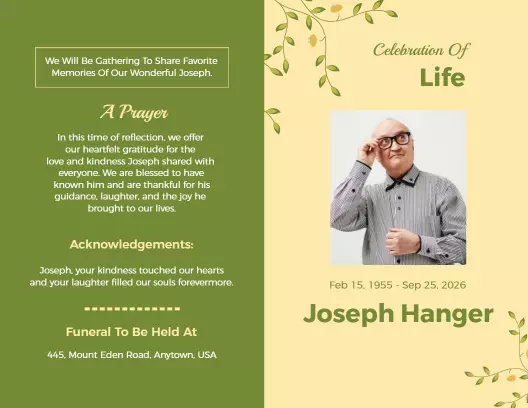 Gentle Yellow Celebration of Life Funeral Brochure Template