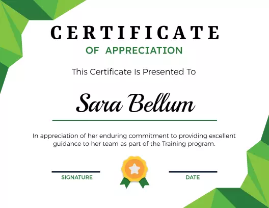 Geometric Green Design for Team Training Appreciation Certificate Template