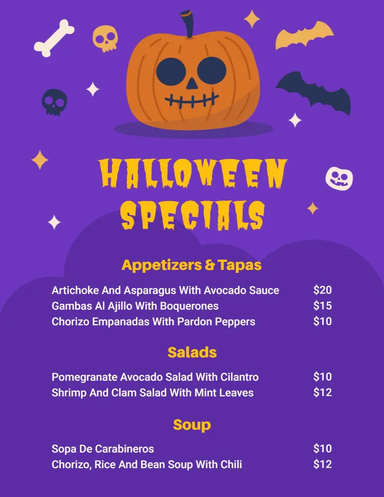 Ghoulish Halloween Appetizers and Savory Soup Selections Menu Template