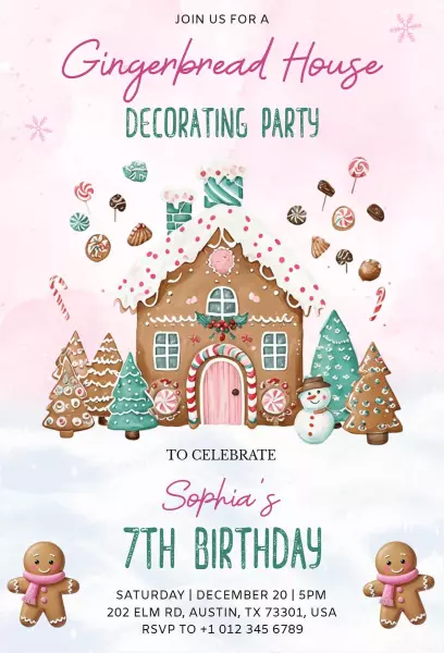 Gingerbread House Decorating 7th Birthday Invitation Template