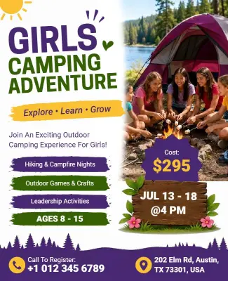 Girls Adventure Camp Outdoor Activities Flyer Template