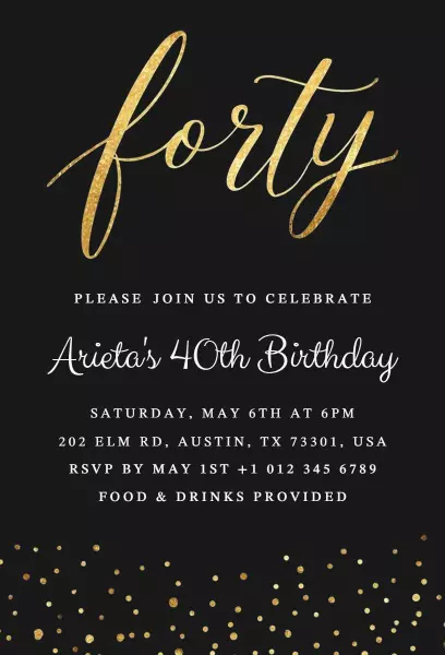 Glamorous Black Gold 40th Birthday Celebration Invitation Template