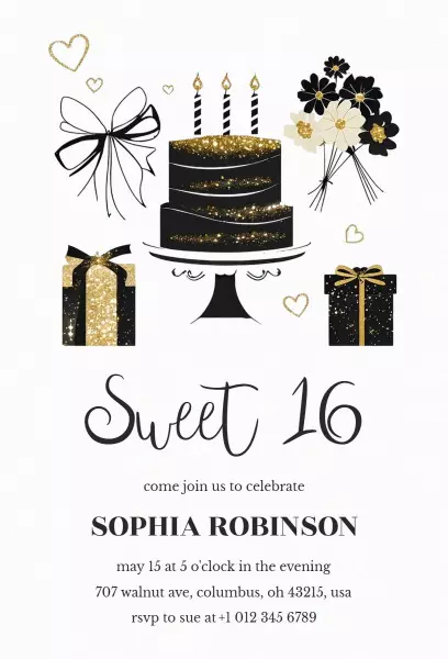 Glamorous Black Gold Sweet 16 Birthday Celebration Invitation Template