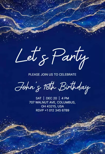 Glamorous Blue Gold Sparkle 18th Birthday Invitation Template