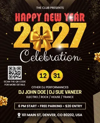 Glamorous Gold Bow 2027 New Year Bash Flyer Template