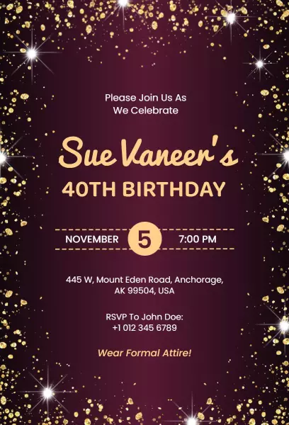 Glamorous Gold Stars 40th Birthday Celebration Invitation Template