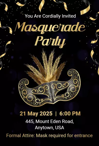 Glamorous Gold Themed Masquerade Party Invitation Template