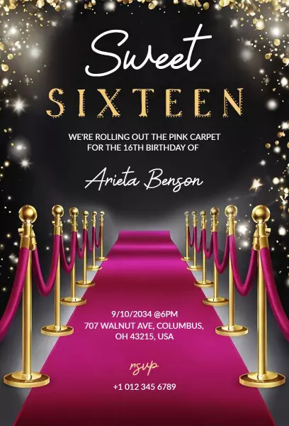 Glamorous Pink Carpet Sweet 16 Birthday Celebration Invitation Template