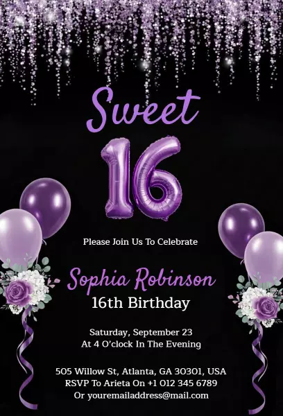 Glamorous Purple Sweet 16 Birthday Celebration Invitation Template