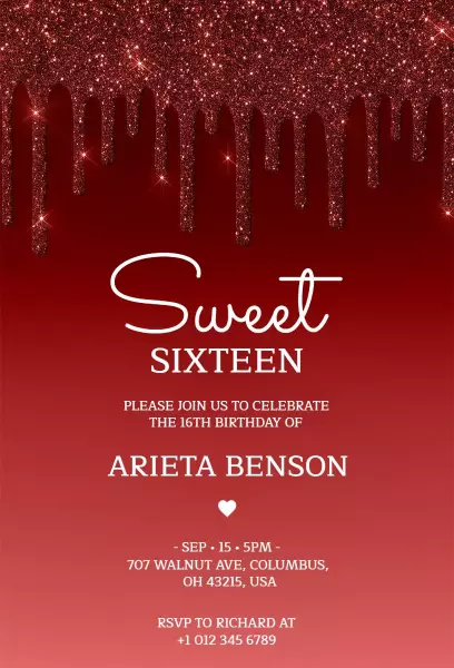Glamorous Red Glitter Sweet 16 Birthday Invitation Template