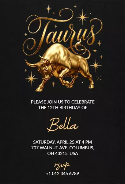 Glamorous Taurus 12th Golden Birthday Celebration Invitation Template