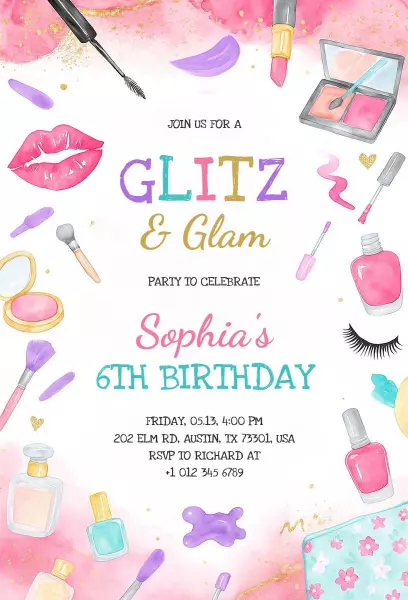 Glitz Glam Colorful Beauty Birthday Celebration Invitation Template