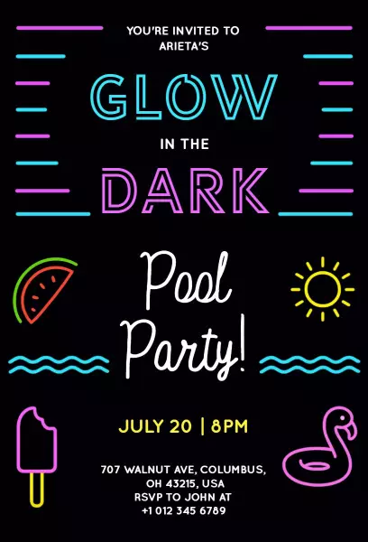 Glow in the Dark Summer Pool Party Invitation Template