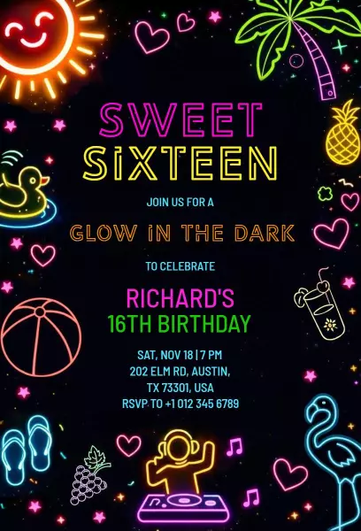 Glow in the Dark Sweet Sixteen Neon Birthday Invitation Template
