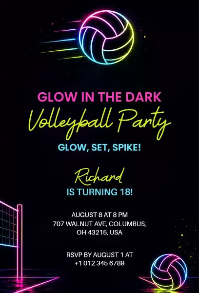 Glow in the Dark Volleyball Party Neon Birthday Invitation Template