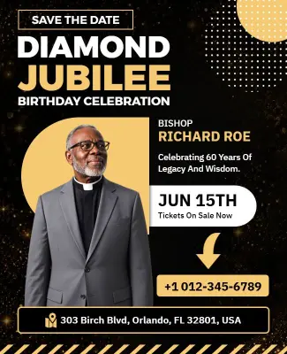 Gold and Black Diamond Jubilee Birthday Celebration Flyer Template