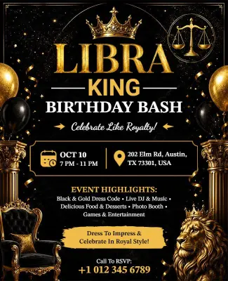 Gold and Black Libra King Birthday Bash Flyer Template