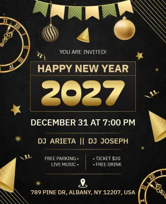 Gold and Black New Year 2027 Party Flyer Template