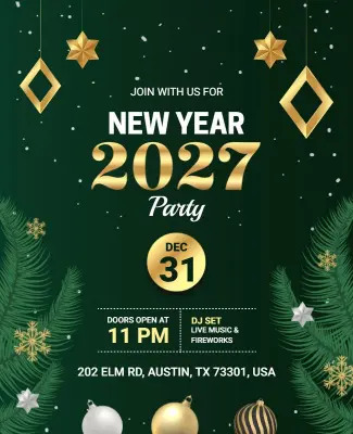 Gold and Green 2027 New Year Party Flyer Template