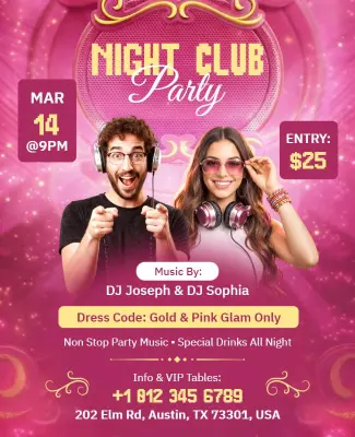 Gold and Pink Glam Themed Night Club Party Flyer Template