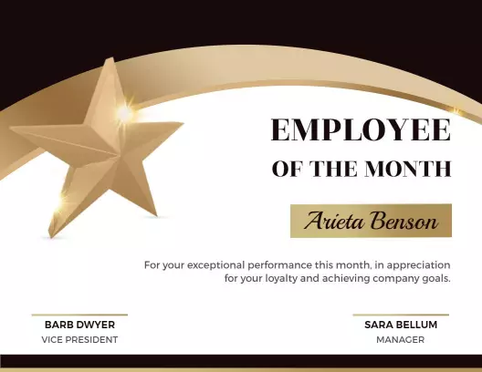 Gold Star Design Employee of the Month Recognition Certificate Template
