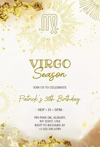 Gold Virgo Season 30th Birthday Celebration Invitation Template