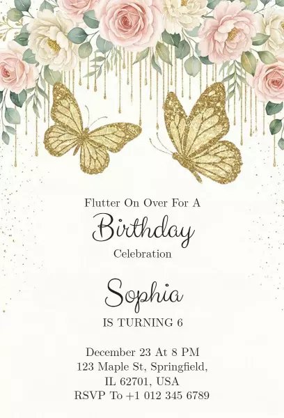 Golden Butterfly Floral Birthday Celebration Invitation Template