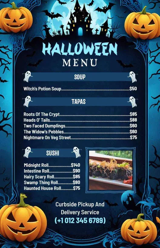 Gothic Blue and Black Halloween Sushi Special Menu Template