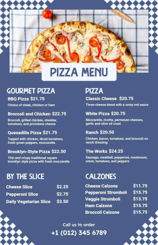 Gourmet and Classic Flavorful Options Tasty Pizza Menu Template
