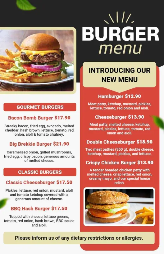 Gourmet and Classic Flavors Featuring Fresh and Juicy Burger Menu Template
