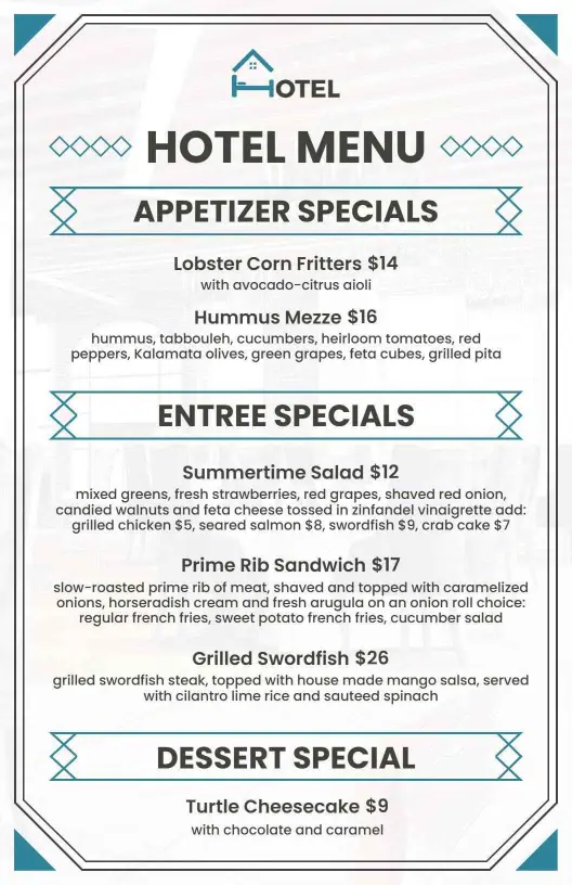 Gourmet Appetizers and Decadent Desserts in Hotel Menu Template