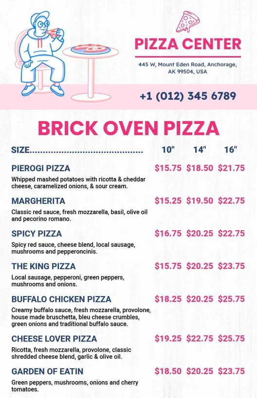 Gourmet Brick Oven Pizza Varieties for Every Taste Pizza Menu Template
