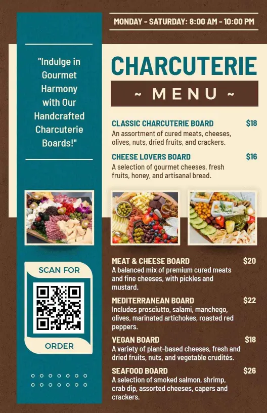 Gourmet Charcuterie Selections with Artisanal Cheeses Food Menu Template