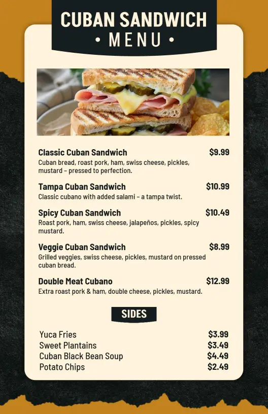 Gourmet Cuban Sandwiches and Sides Menu Template