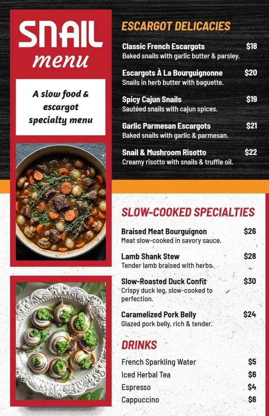 Gourmet French Cuisine Black and Red Snail Menu Template
