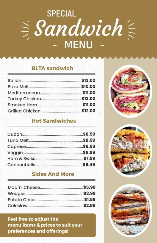 Gourmet Hot Sandwich Selection Menu Template