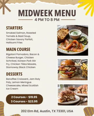 Gourmet Inspired Restaurant Midweek Menu Poster Template