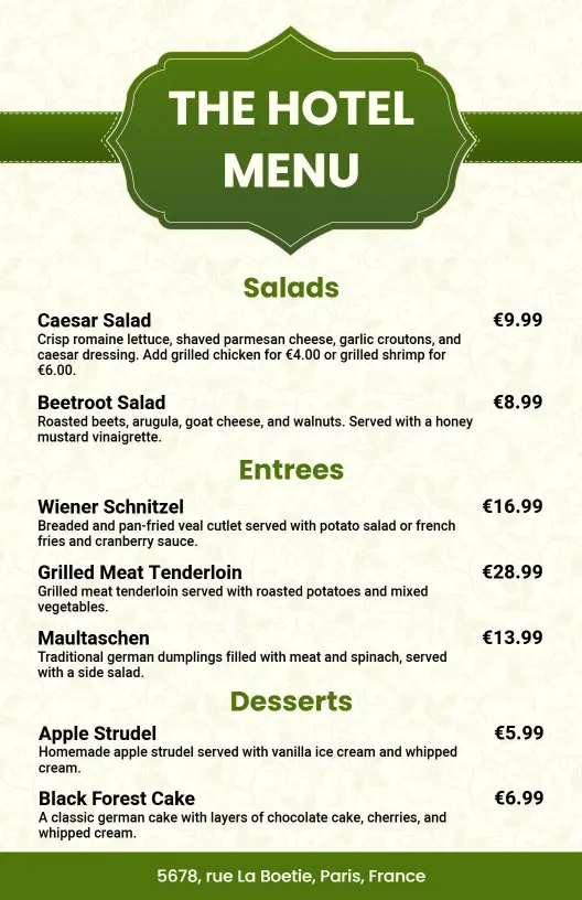 Gourmet Salads, Hearty Entrees, and Exquisite Desserts Hotel Menu Template