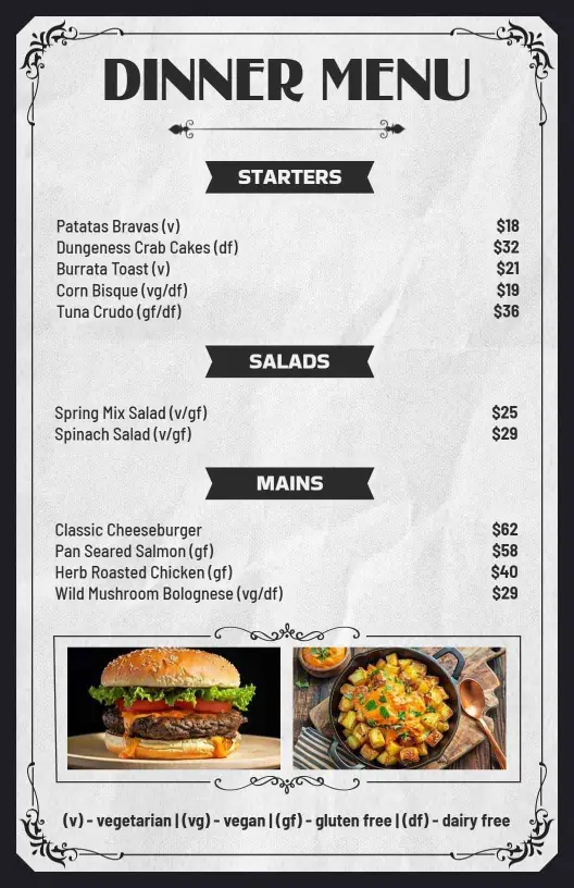 Gourmet Starters and Hearty Main Dishes Dinner Menu Template