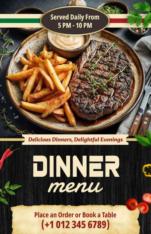 Gourmet Steak and Flavorful Sides Dinner Menu Template