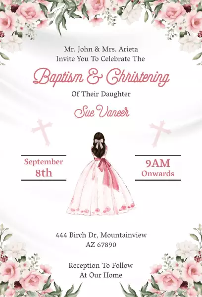 Graceful Floral Girl's Baptism Celebration Invitation Template